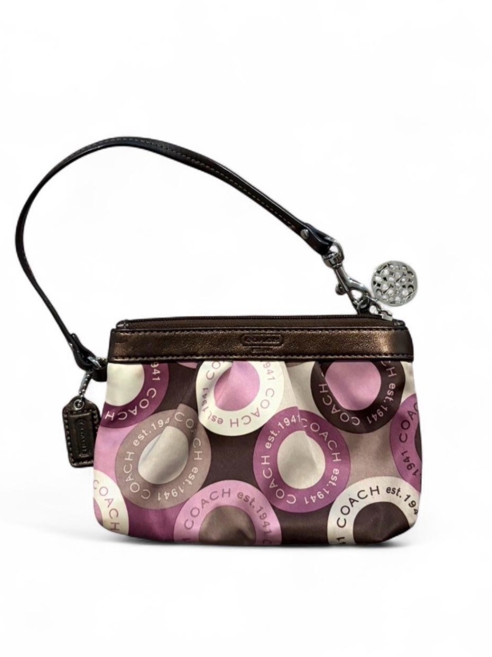 Coach Pink, Brown & Cream Signature Circle Print Wristlet